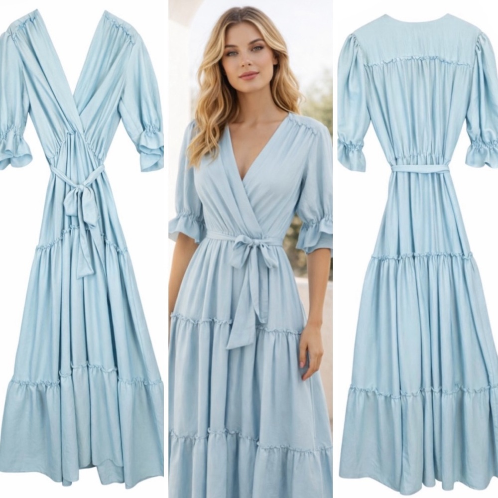 Light Blue Maxi Wrap Dress with Tie Waist